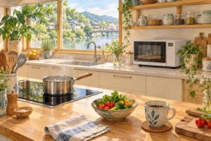 鍋とIH調理器、電子レンジが並ぶ明るいキッチン。