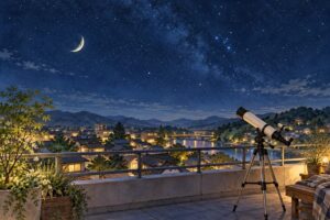 三日月と星が見える屋上。手前には望遠鏡。