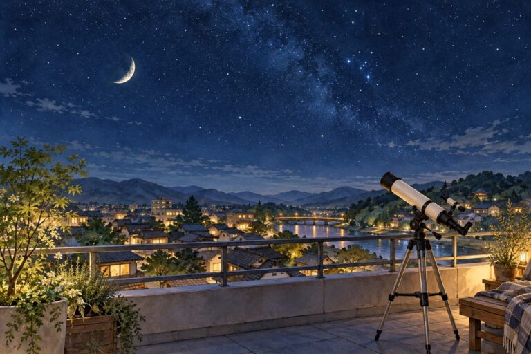 三日月と星が見える屋上。手前には望遠鏡。