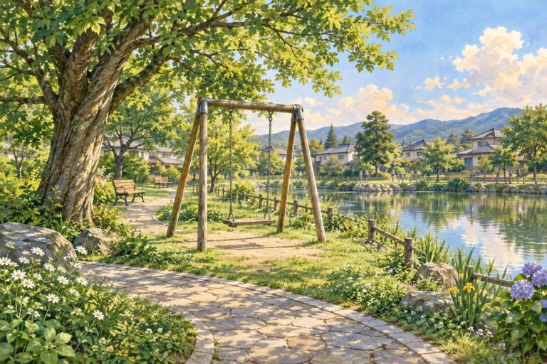 木々とブランコ、池のある公園。