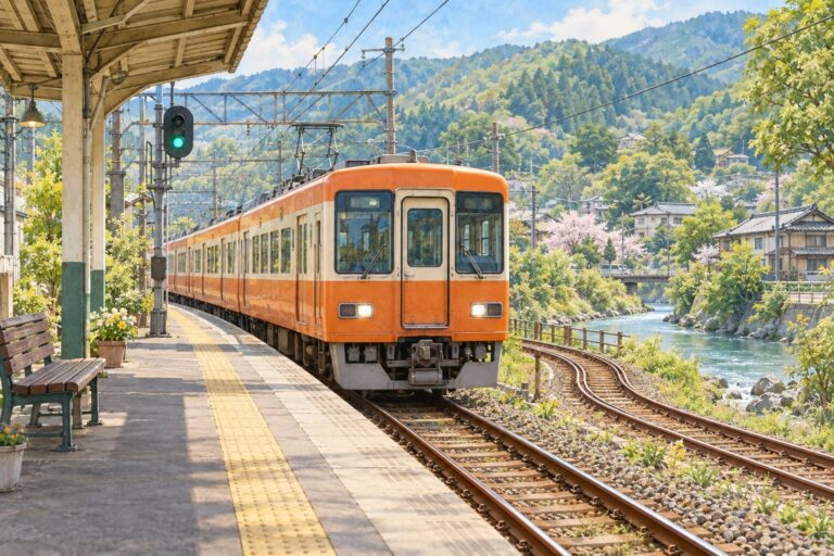 駅のホームに入る電車と、信号と線路。